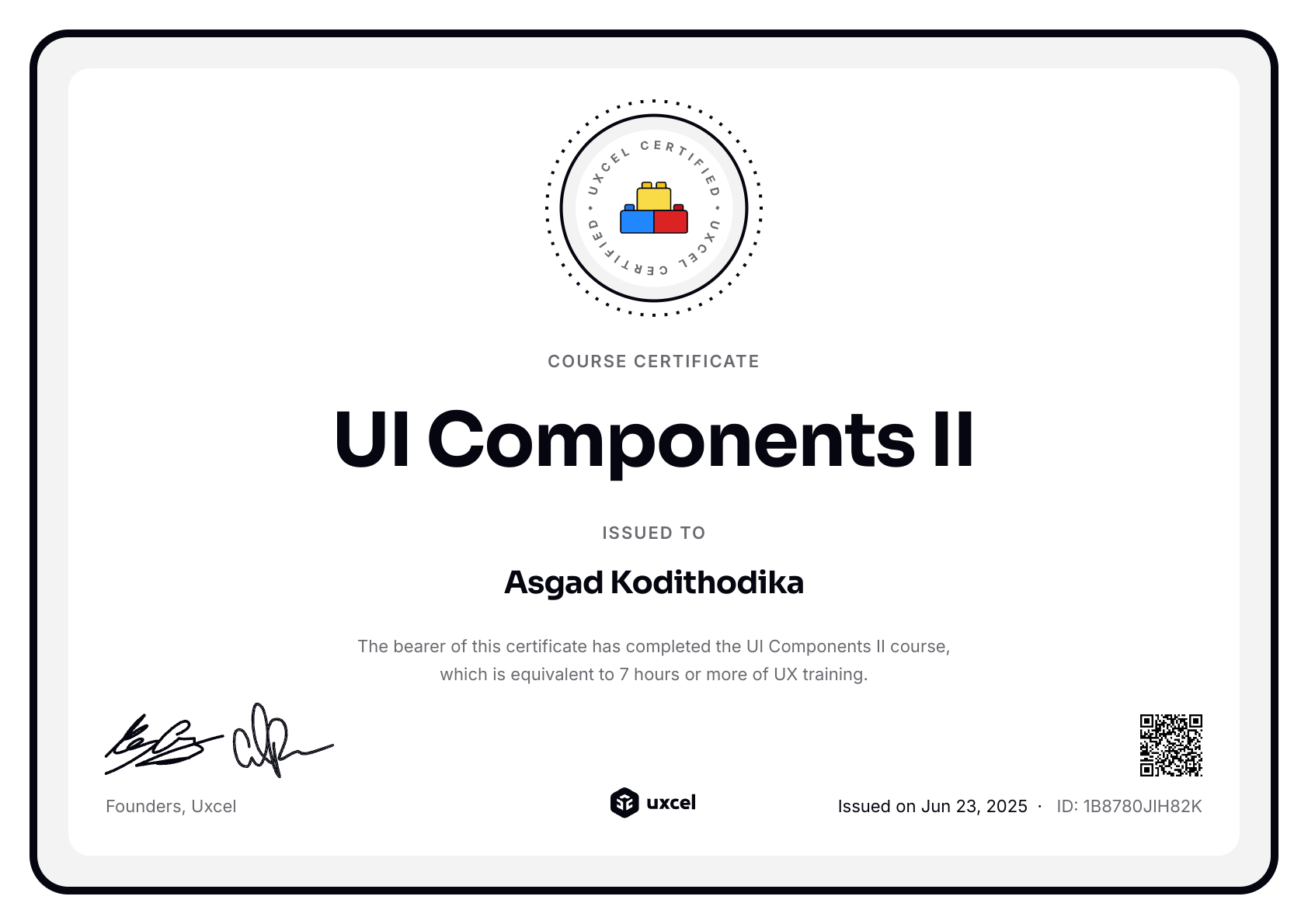 Asgad Kodithodika's certificate